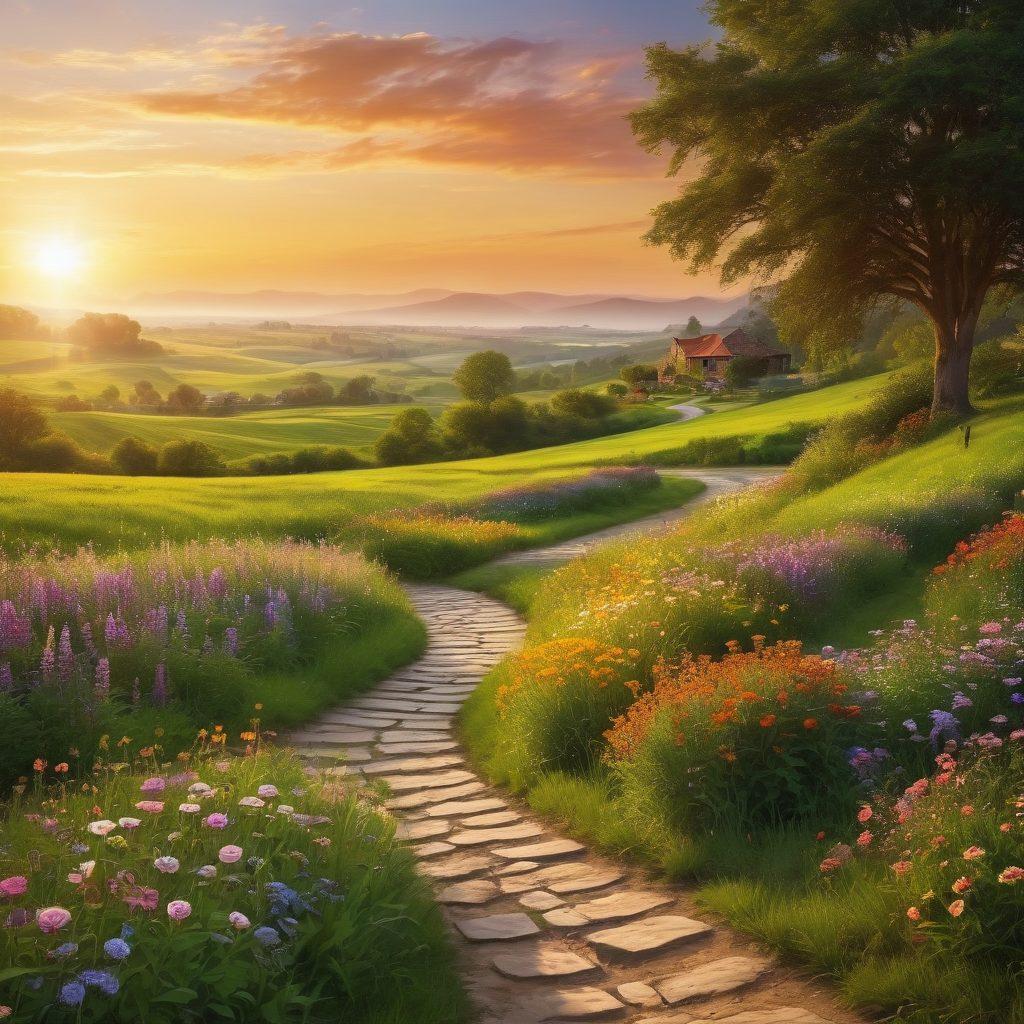 A serene landscape depicting a winding path through lush green fields leading to a radiant sun setting on the horizon. Include symbols of elation like blooming flowers and joyful people along the path, transitioning into symbols of contentment like calm waters and cozy homes. Use soft, warm colors to evoke a sense of peace and happiness. Capture the journey from exuberance to tranquility. vibrant colors. super-realistic.