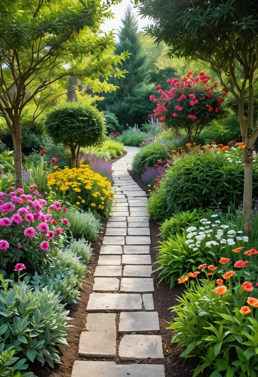 A serene garden filled with vibrant flowers and lush greenery, symbolizing growth and happiness. A winding path leads through the garden, with people joyfully practicing mindfulness and engaging in activities like yoga or painting. Soft sunlight filters through the trees, creating a warm and inviting atmosphere. The image should evoke a sense of peace, positivity, and cheerfulness. vivid colors. pastel tones. soft focus.