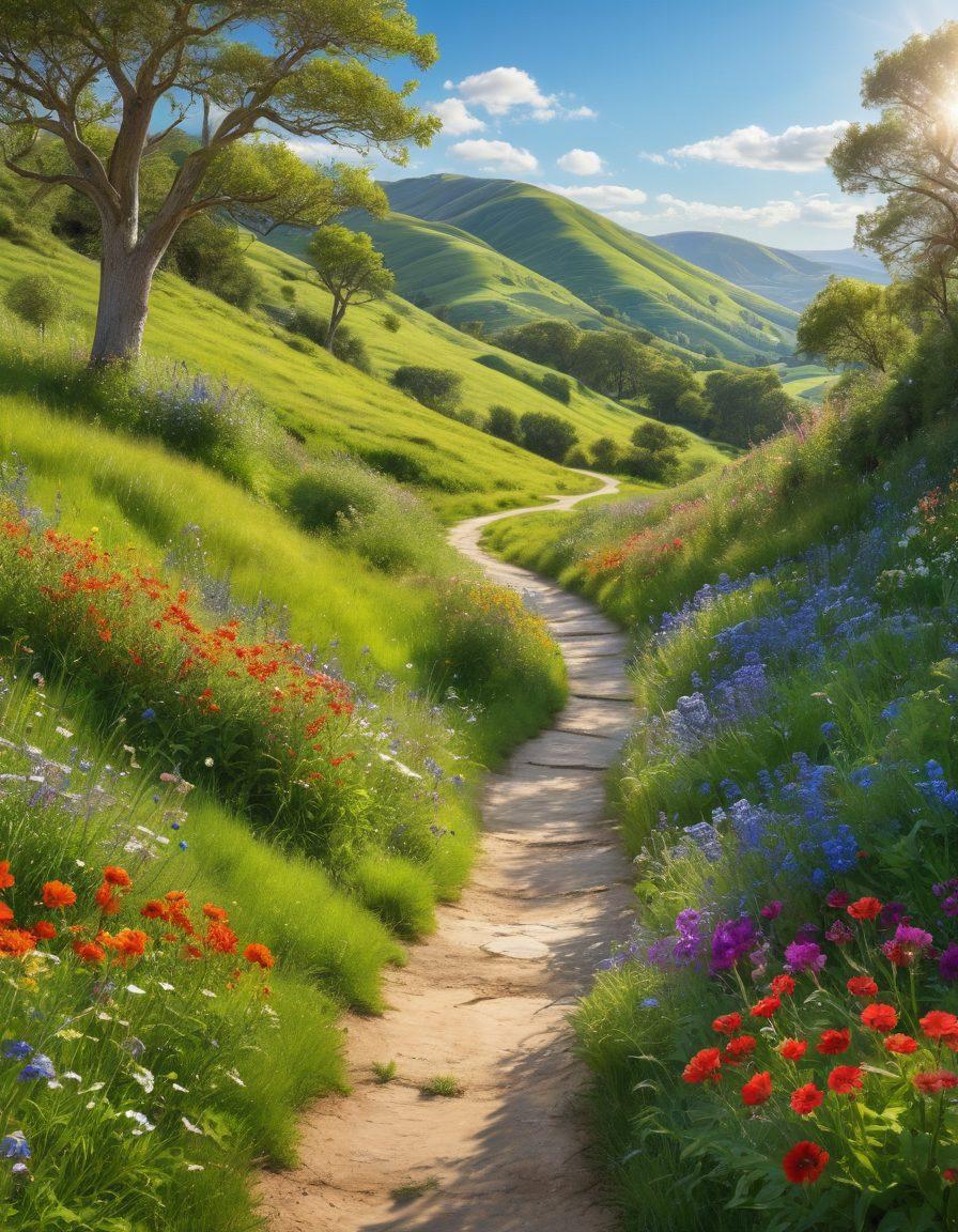A serene landscape featuring a winding path through lush green hills under a bright blue sky, with vibrant wildflowers blooming along the way. A diverse group of joyful people of various ages and backgrounds laughing and sharing moments together, embodying positivity and connection. Sunlight filtering through trees, creating a radiant glow that symbolizes happiness. super-realistic. vibrant colors.